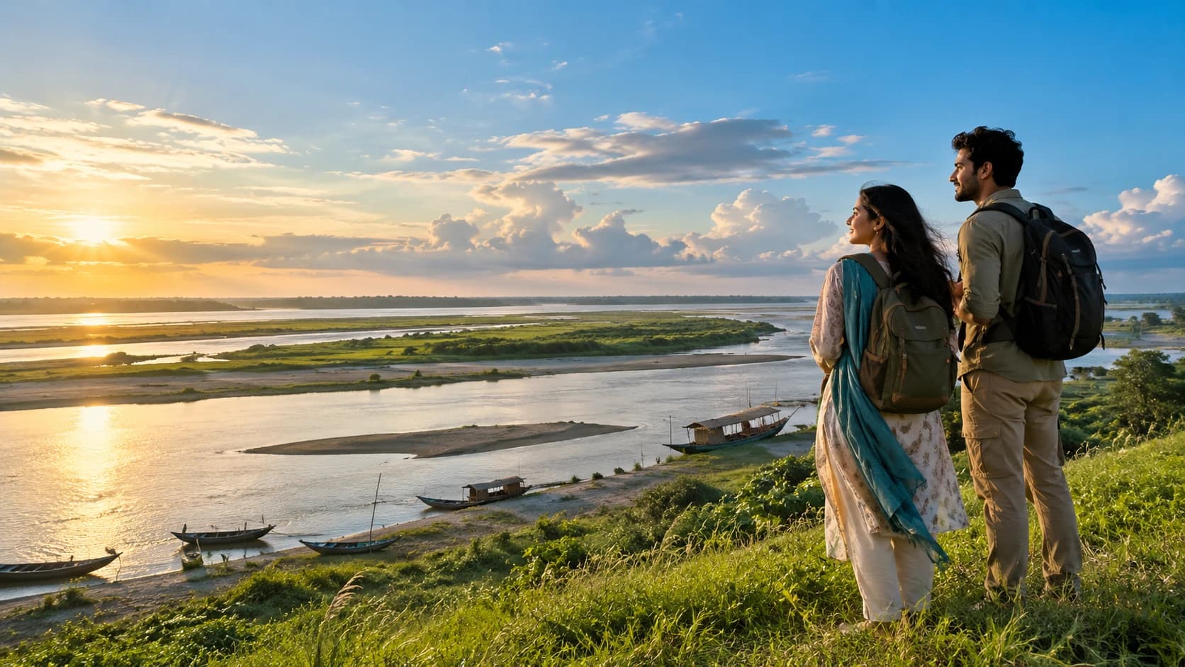 Illustrative travelers overlooking the Jamuna river landscape in Bangladesh