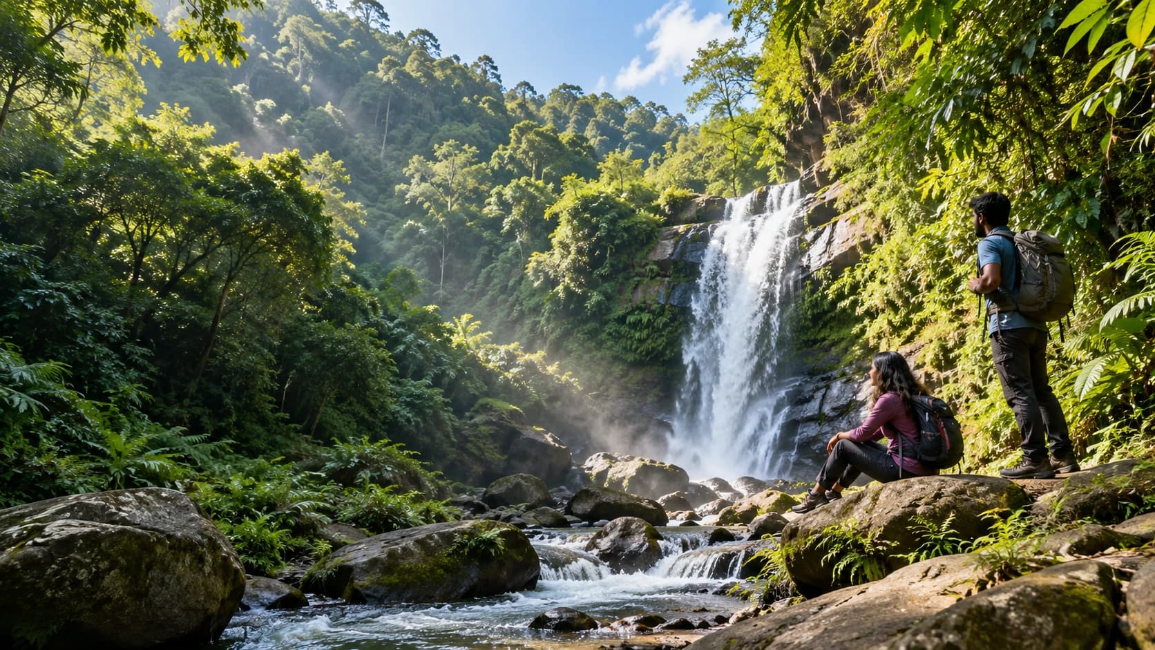 Illustrative Bangladeshi hikers discovering a waterfall in a green hill forest