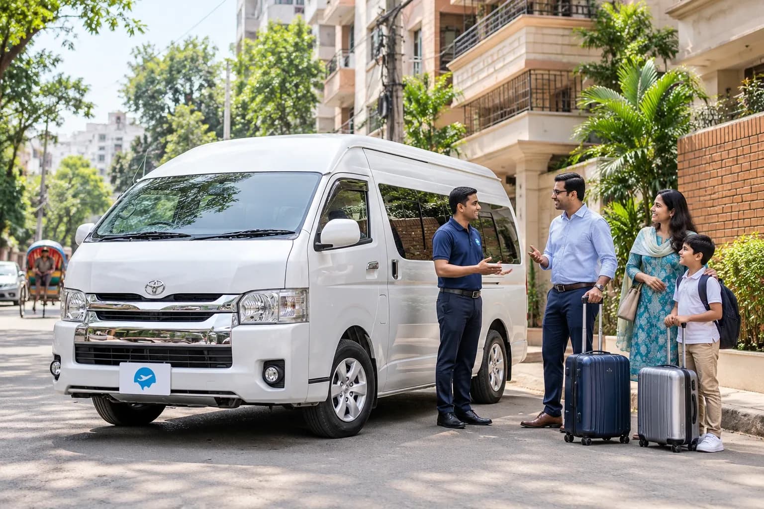 Illustrative Marks Aviation driver greeting a family beside a white Hiace on a Dhaka street