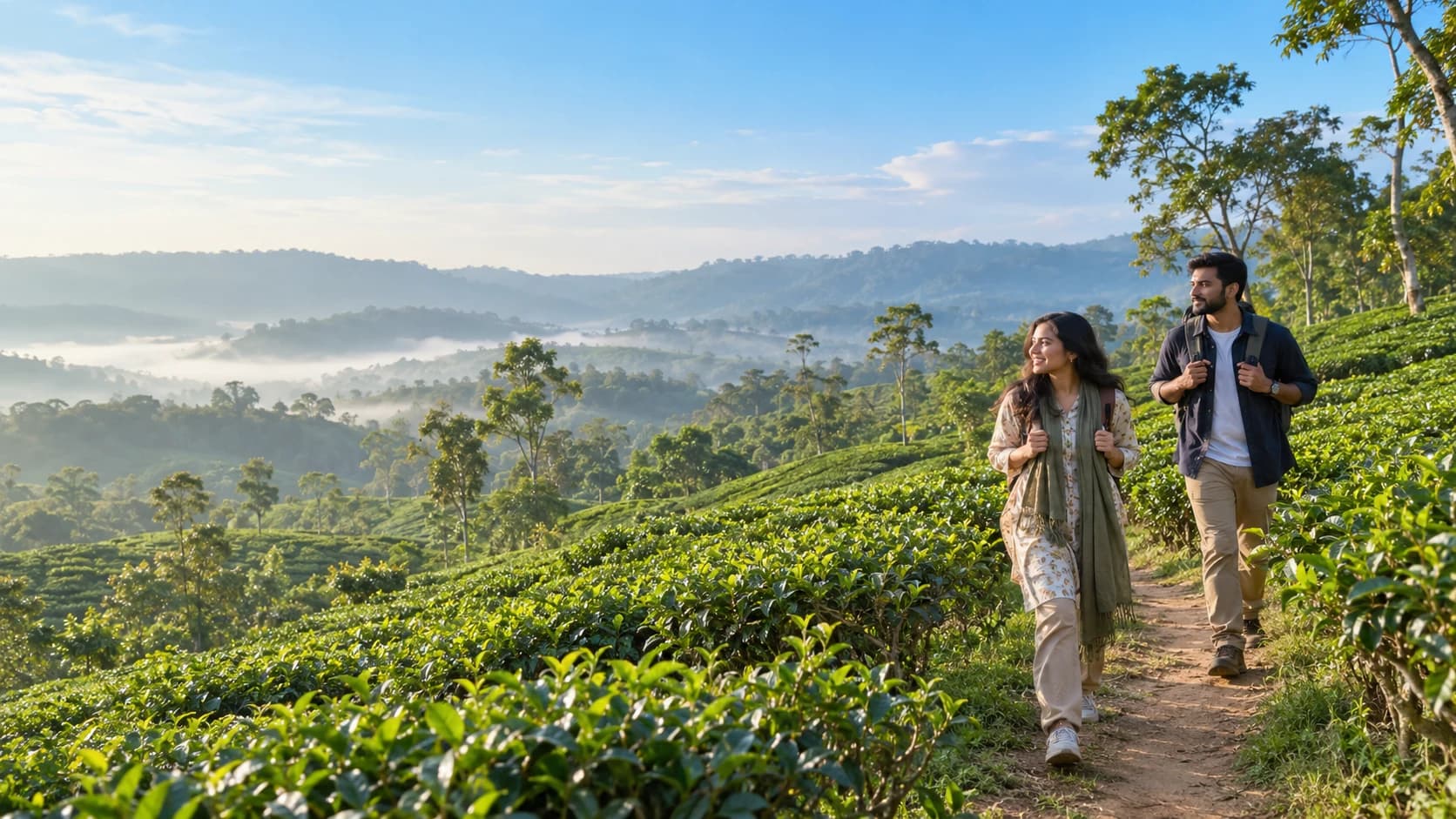 Illustrative Bangladeshi travelers walking through Srimangal tea gardens