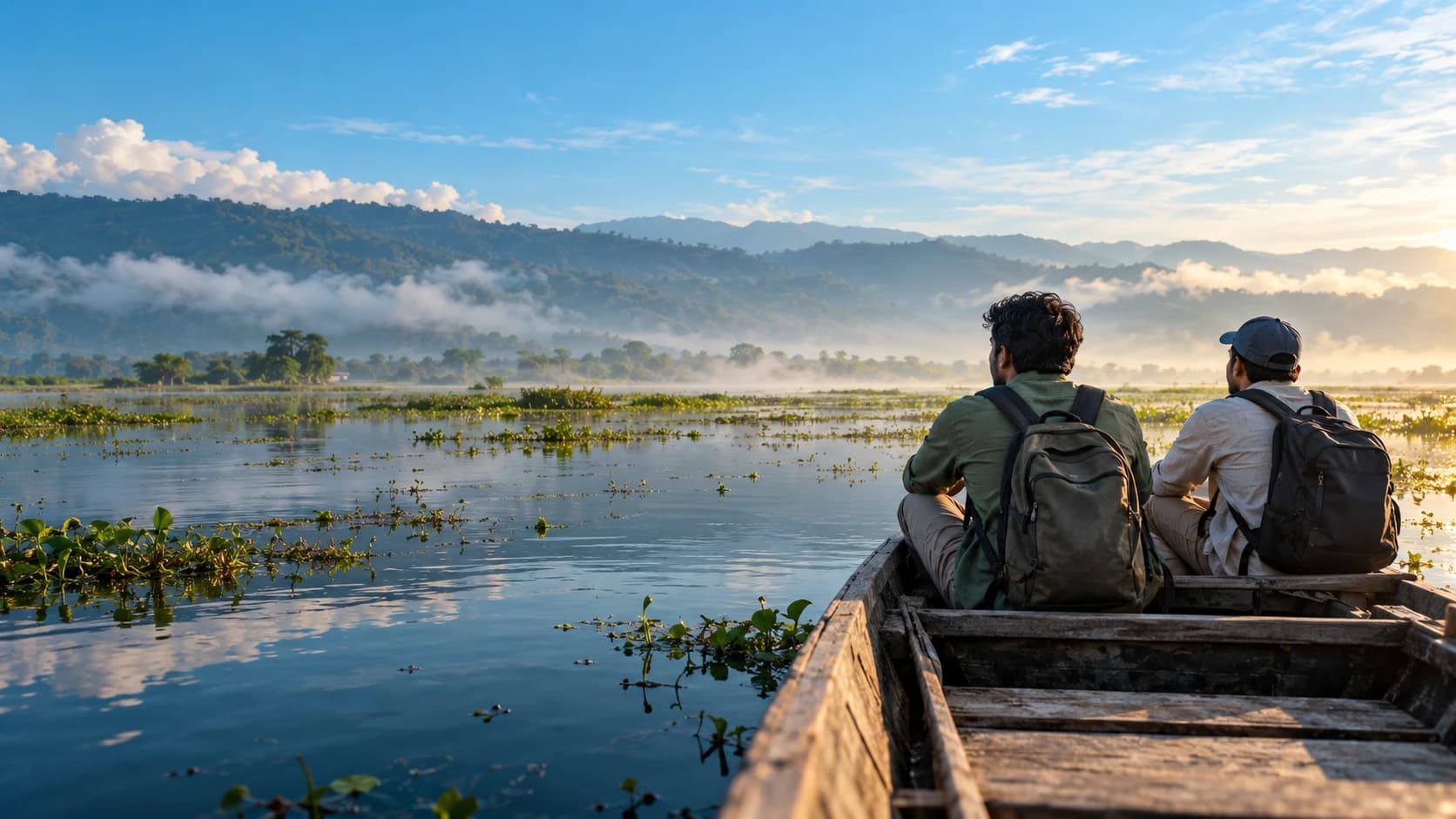 Illustrative Bangladeshi travelers exploring a haor by wooden boat