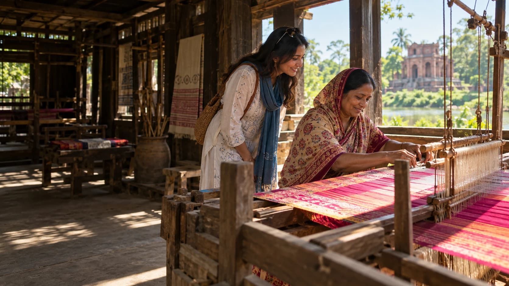 Illustrative traveler learning about traditional handloom weaving in Bangladesh