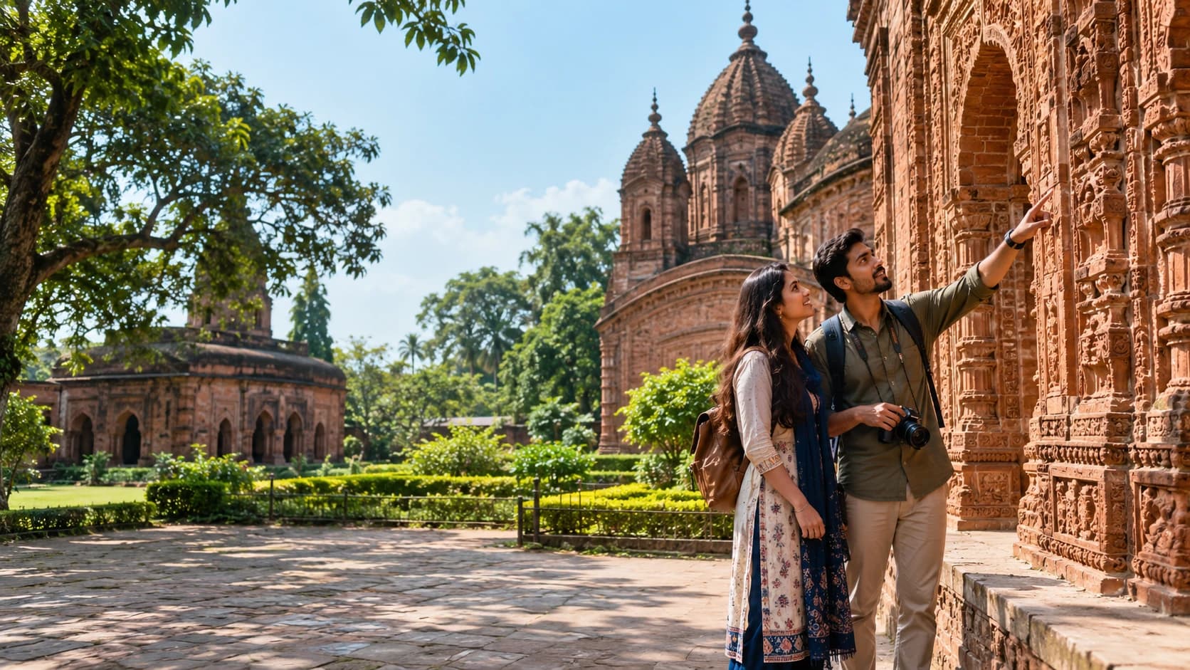 Illustrative travelers discovering Bangladesh’s terracotta heritage