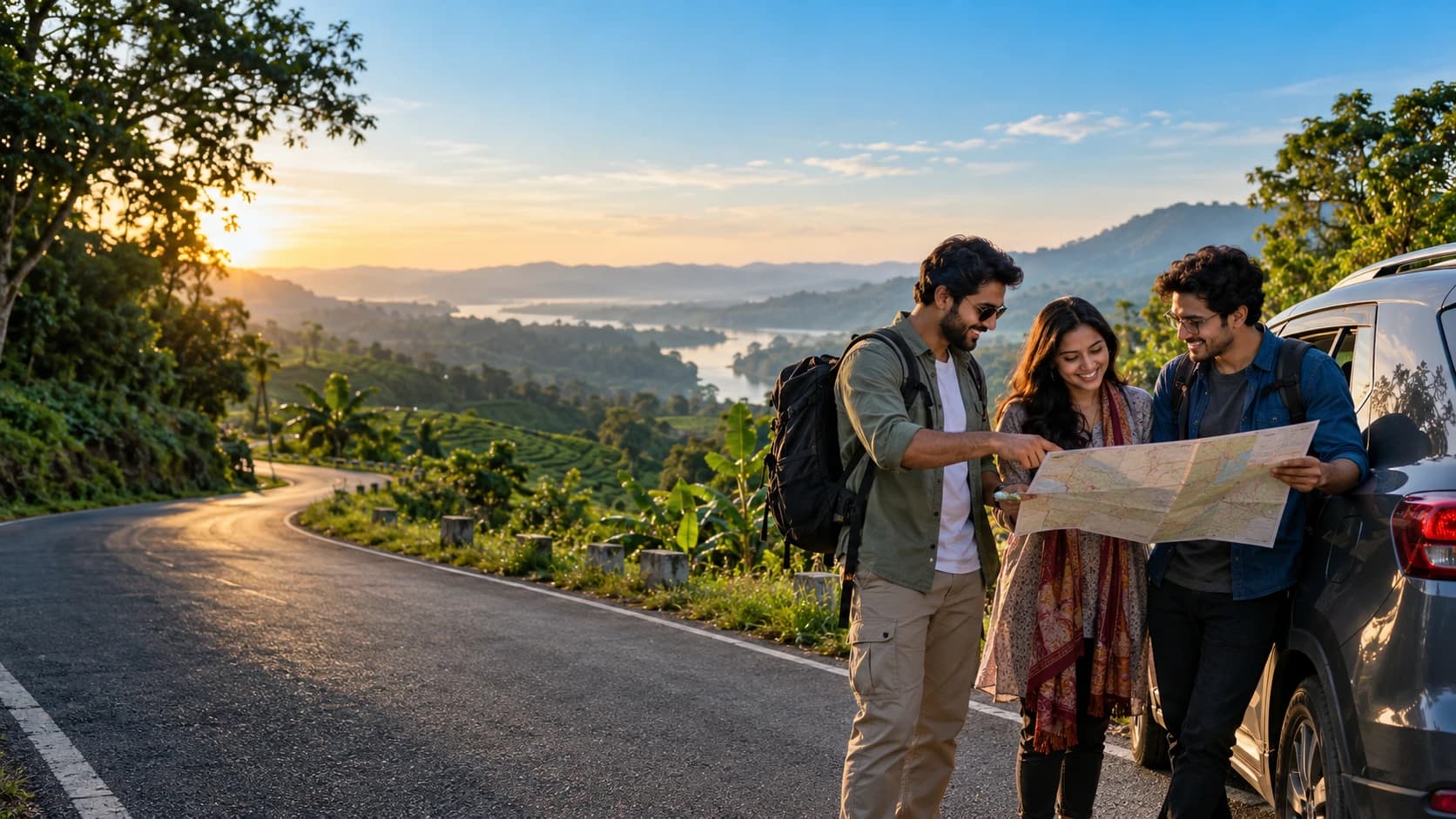 Illustrative friends planning a journey beside a countryside road in Bangladesh