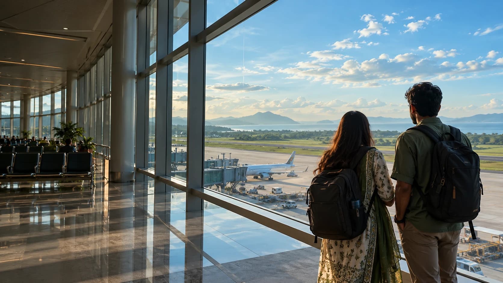 Illustrative Bangladeshi travelers looking toward the horizon from an airport